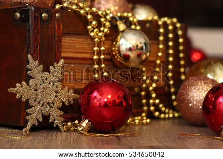 Beautiful Christmas background toys, red golden stars and decoration