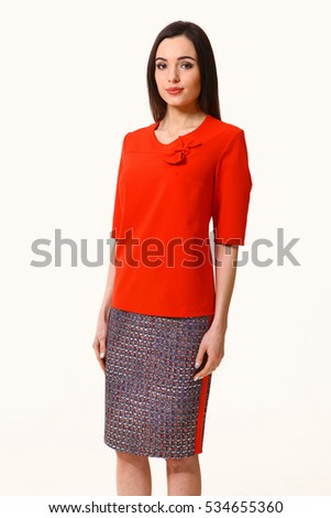 brunette business executive woman with straight hair style in jacket skirt power suit full body photo high-heeled shoes isolated on white