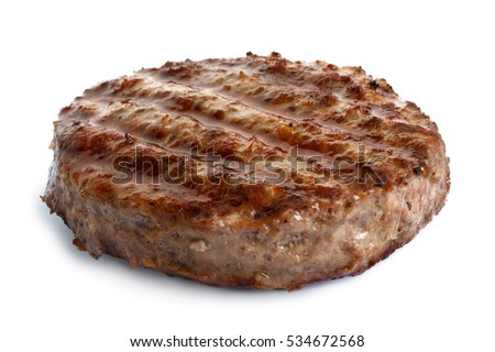 Single grilled hamburger patty isolated on white. Royalty-Free Stock Photo #534672568
