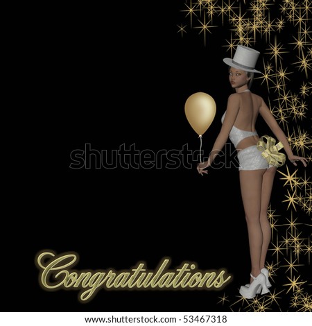 cabaret girl with sparkles and congratulations isolated on black background
