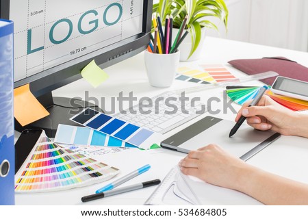 logo design brand designer sketch graphic drawing creative creativity draw studying work tablet concept - stock image