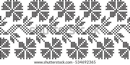 Black-and-white pattern flowers embroidered with cross
