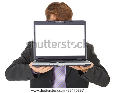 Office worker shows a computer screen, isolated on a white background