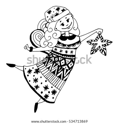 cartoon style hand drawn christmas angel, fairy. vector illustration on white background. element for children and adult coloring book, greeting and invitation card, etc.