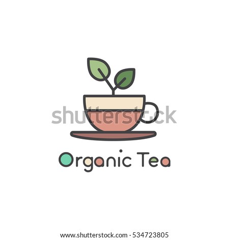 Vector Flat Icon Style Illustration Logo for Organic Green tea Shop for Healthy Lifestyle. Cup of Organic gGreen Tea and Fresh Green Leafs  