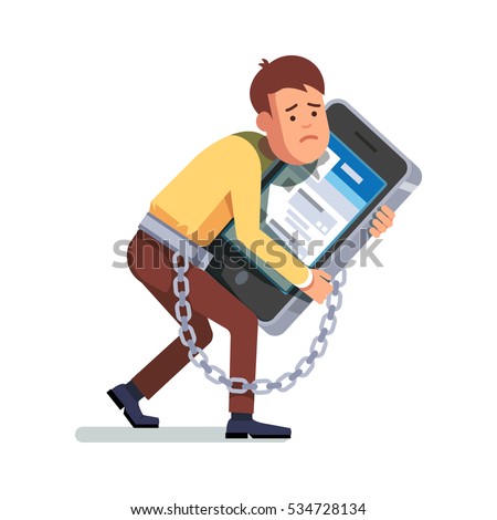 Young depressed and sad man chained and shackled to a big mobile smart phone. Addicted to social networking hugging in arms. Modern flat style concept vector illustration isolated on white background. Royalty-Free Stock Photo #534728134