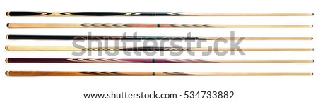 billiard cue sticks on white background Royalty-Free Stock Photo #534733882