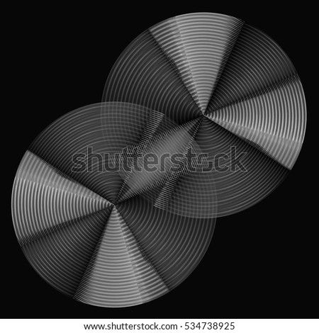 Double exposure photo of metal discs with concentric tracks resembling diagram of intersecting sets. Abstract industry, technology or science background.