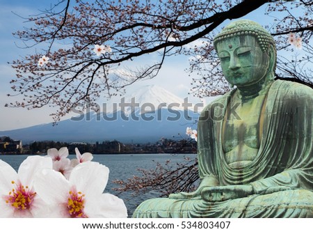 Big buddha and mountain Fuji in japan during full cherry blossom, travel concept