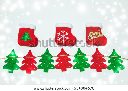 christmas tree, stocking, Ornament and Christmas items decorate for the holy night. Merry xmas and happy new year background and texture.