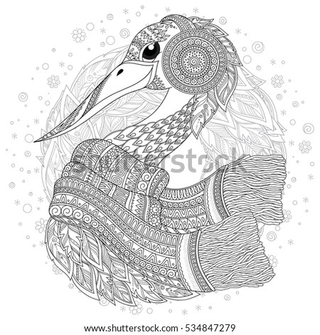 Strok, fantastic flowers, branches, leaves. For anti stress Coloring Page . Coloring book page for adults and children. Black White Bird collection. Set of illustration.