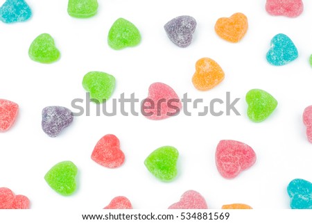 Colorful heart shape jellys isolated on white background