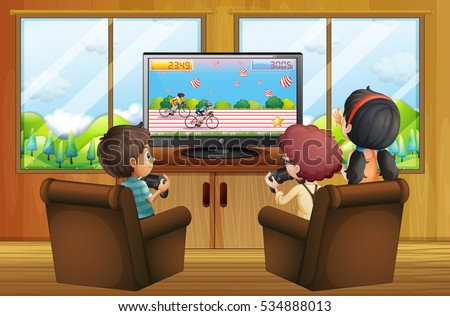 Kids playing video games at home