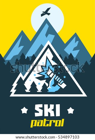 Ski Patrol. Burning fire alarm in his hand. Help in the mountains, the security service. Logo. Winter landscape. Mountain, forest. Ski resort. Vector illustration. Flat style 