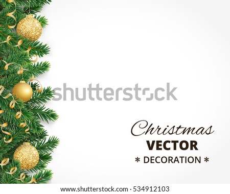 Background with christmas tree garland and ornaments. Hanging golden glitter balls and ribbons. Great for christmas cards, banners, flyers, party posters. Vector illustration
