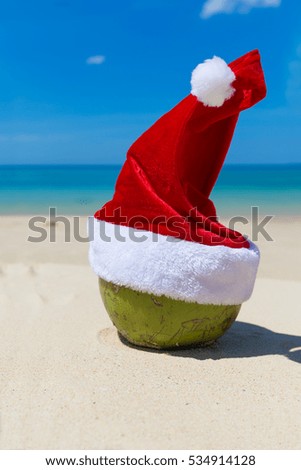 Coconut in a Santa Christmas hat in sand on a tropical beach - Holiday tropic summer concept