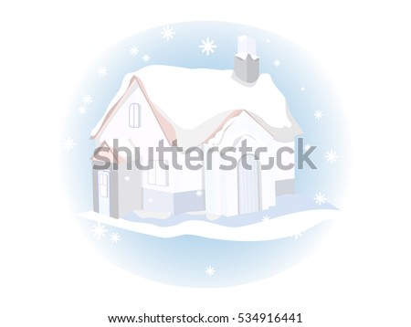 Winter landscape. Lonely winter house with the pipe. Icon with a wooden, a winter home. Snowflakes. ?artoon