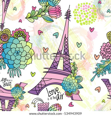 Abstract seamless pattern with Eiffel tower, succulent, leaves and brush strokes. Love is in the air phrase