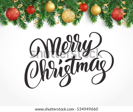 Vector holiday background with fir tree branches, ornaments and Merry Christmas letters. Hanging balls and ribbons. Isolated Christmas tree garland, border. Great for banners, flyers, party posters. 