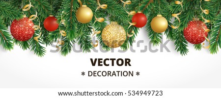 Horizontal banner with christmas tree garland and ornaments. Hanging gold and red balls and ribbons. Great for flyers, posters, headers. Vector illustration
