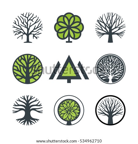 Vector tree, fir-tree, wood, oak. Set of logo design elements, badges, labels and logotype templates for your business