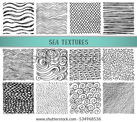Set of twelve hand drawn ink abstract textures. Vector backgrounds of simple primitive scratchy sea patterns, waves, scales, sand, pebbles, fish, ripple.