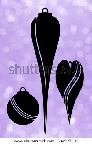 Three Christmas ornament silhouettes with soft, sparkling purple bokeh background for text or copy space. A festive design great for many ideas or concepts. Flat layout vertical