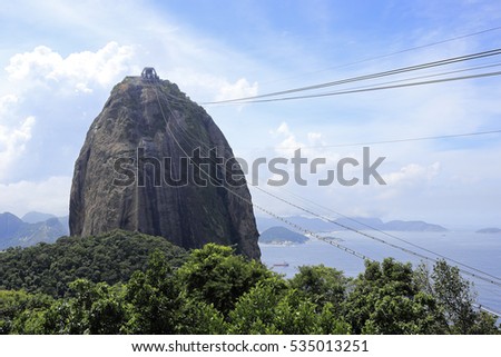 Sugarloaf. Cable car in Rio de Janeiro Brazil. Bread of sugar. Famous tourist icon of Latin America. 