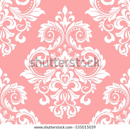 Floral pattern. Wallpaper baroque, damask. Seamless vector background. Pink and white ornament..