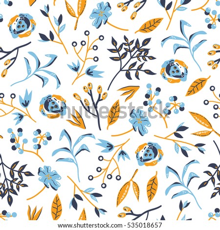  Seamless vector doodle hand drawn pattern with branches, leaves, flowers, berries for wallpapers, web page backgrounds,textile
