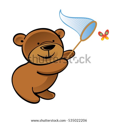 Teddy bear with net chasing little butterfly