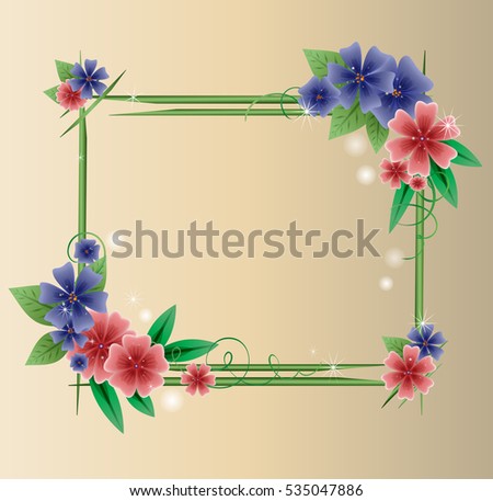 Beautiful rectangular frame with flowers and stars. Vector illustration