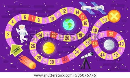 Vector flat style illustration of kids science and space board game. Template for print.  Royalty-Free Stock Photo #535076776