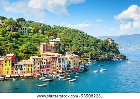 Beautiful sea coast with colorful houses in Portofino, Italy. Summer landscape Royalty-Free Stock Photo #535082281