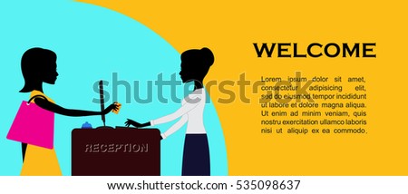 Customer registration at the reception. Woman paying with credit card. Hotel receptionist at desk servicing tourists. Client reserving or booking in hostel. The administrator receiving payment.