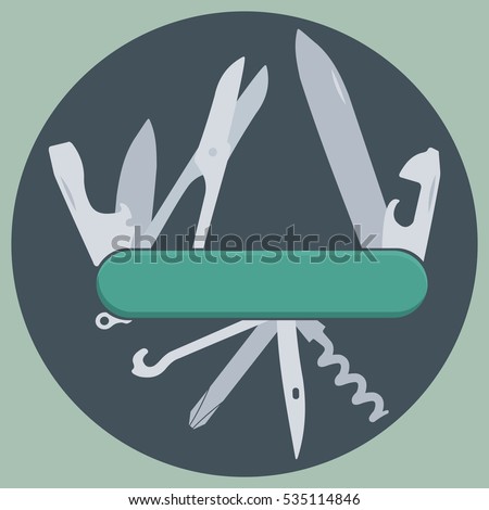 Multifunction knife, pocket knife, Swiss knife, multipurpose penknife, army knife. Isolated flat vector illustration Royalty-Free Stock Photo #535114846