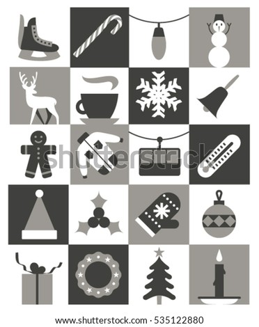 Christmas background, vector flat illustration, icon set, black white xmas pattern: skates, candy, garland, snowman, coffee, snow, bell, cookie, jacket, hat, holly, mittens, ball, gift, tree, wreath