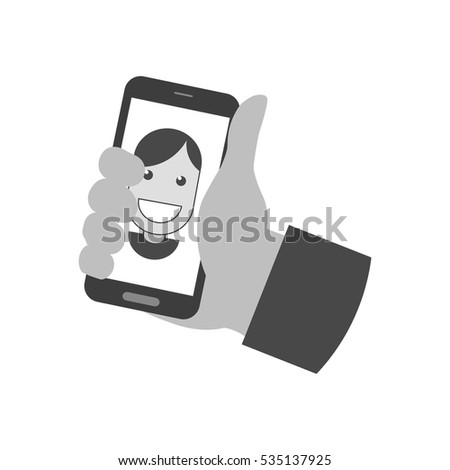 Hand holding smartphone with photo portrait icon, selfei concept. Symbol in trendy flat style isolated on white background. Illustration element for your web site design, logo, app, UI.