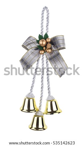 Christmas decorations three gold bells isolated on white background