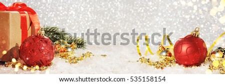 Christmas ornaments on glitter background, border design,banner