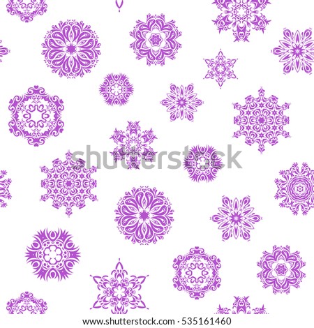 Decorative violet snowflakes pattern. Design. Seamless pattern on white background for Christmas.