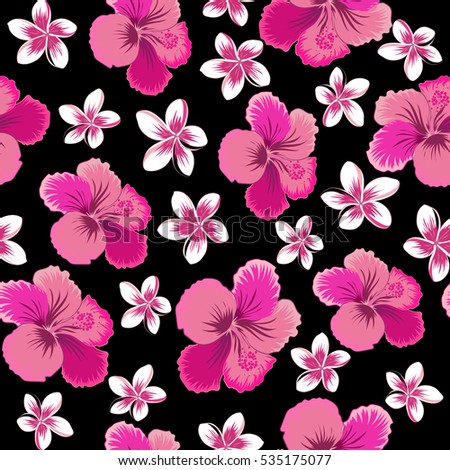 Vintage seamless tropical hibiscus flowers. Pattern on a black background in purple, pink and magenta colors.