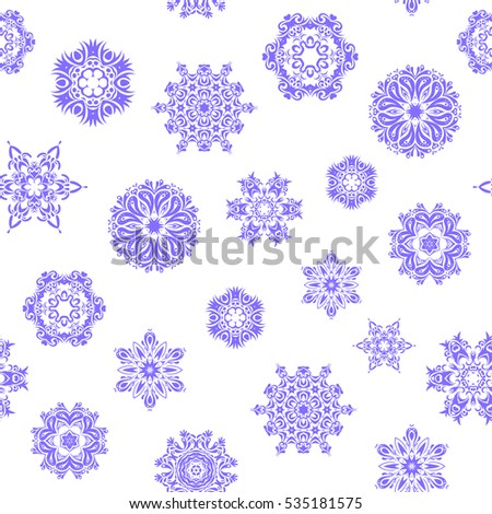 Handmade drawing. Seamless pattern with snowflakes, doodles and dots in violet colors on white background. Watercolor painting effect. For the Christmas design and decoration.
