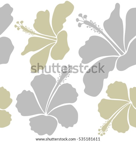 Hibiscus flowers seamless pattern on a white background in neutral colors.