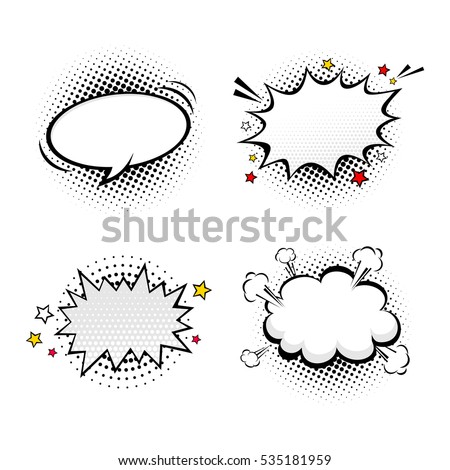 Comic empty speech bubbles on halftone dots background in retro pop art style. Vector set of dynamic cartoon funny dialog balloons sketch isolated on white background.
 Royalty-Free Stock Photo #535181959