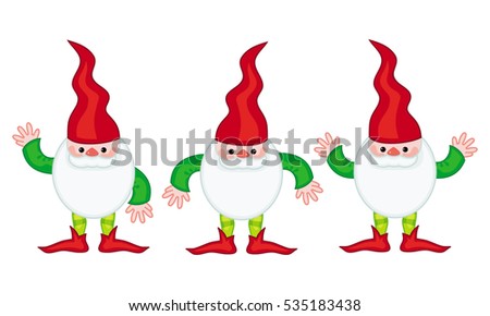 Three cute gnomes with white beards and long red hats. Funny characters for Christmas decorations, greetings cards and other design artworks. Raster clip art.
