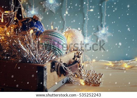 low key close up Image of christmas festive decorations on wooden table