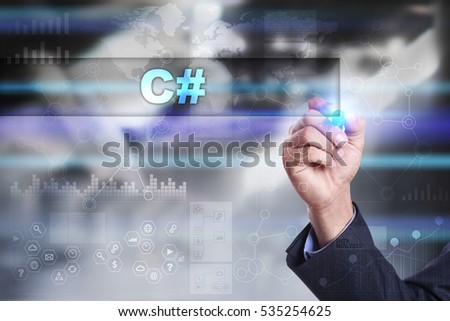 Businessman is drawing on virtual screen. c# concept.