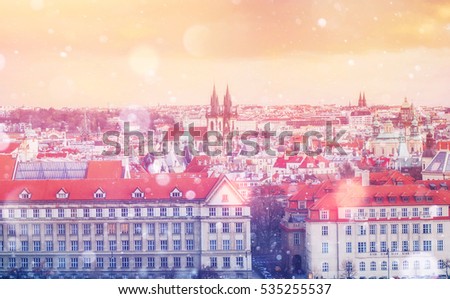 beautiful houses Czech Republic. Photo greeting card. Bokeh light effect, soft filter. 