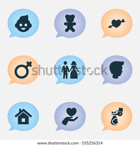 Set Of 9 Editable Kin Icons. Includes Symbols Such As Love, Heart, Toy And More. Can Be Used For Web, Mobile, UI And Infographic Design.